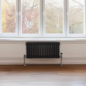 Schwarzer 2-Säulen Heizkörper (300x832mm) im Raum mit Fenster. Traditionelles Design.