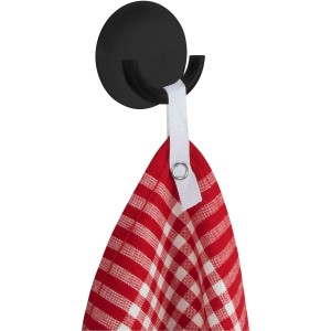 Schwarzer Wenko Küchenhaken Rondo aus Edelstahl mit Geschirrtuch.