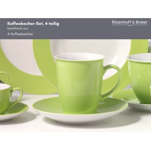 Ritzenhoff & Breker Doppio Kaffeebecher 4er Set in Grün. Porzellanbecher mit Henkel auf Untertasse.