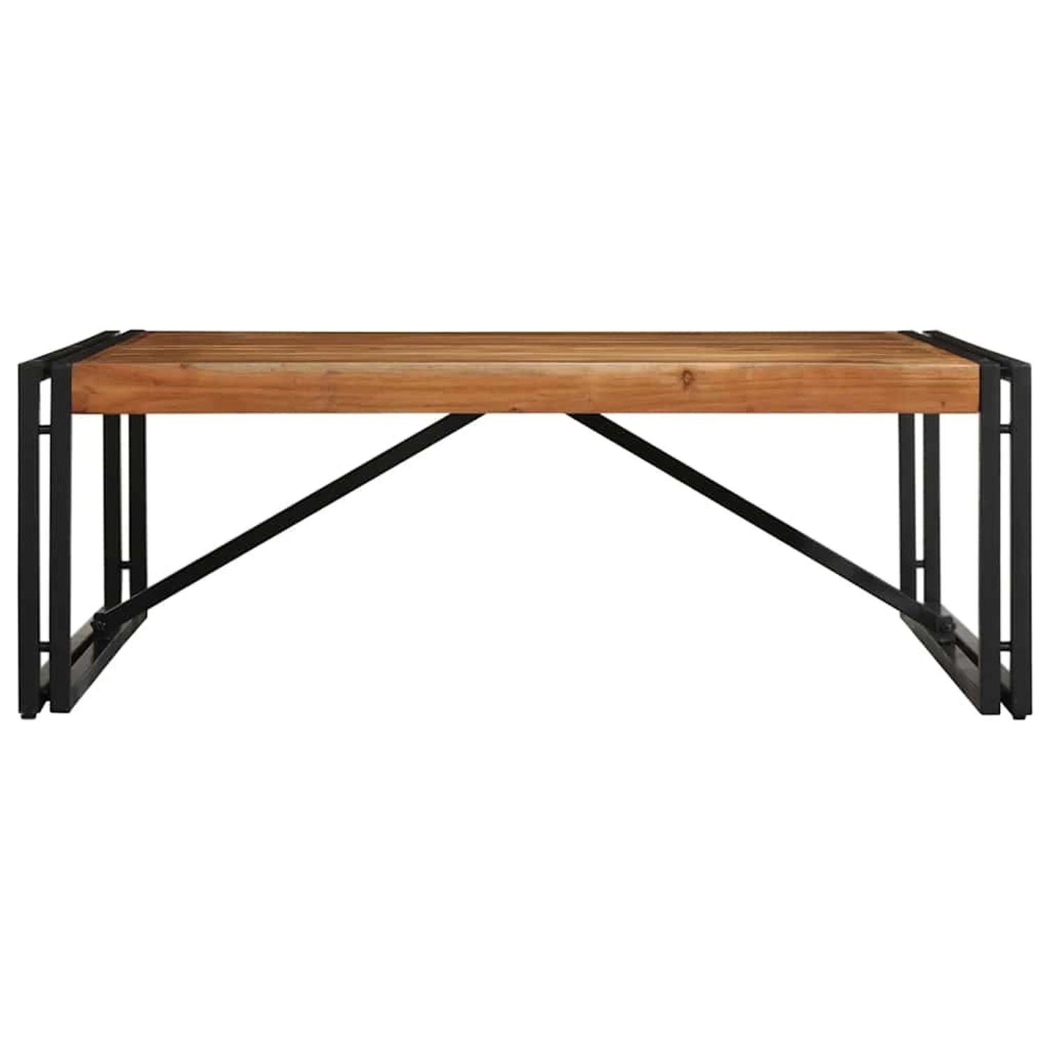 Quadratischer Couchtisch aus Akazienholz mit schwarzem Metallgestell für das Wohnzimmer.