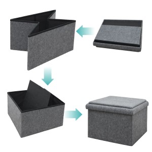 DuneDesign Sitzhocker Grau, Filz, mit Stauraum, faltbar, in verschiedenen Aufbaustufen dargestellt.