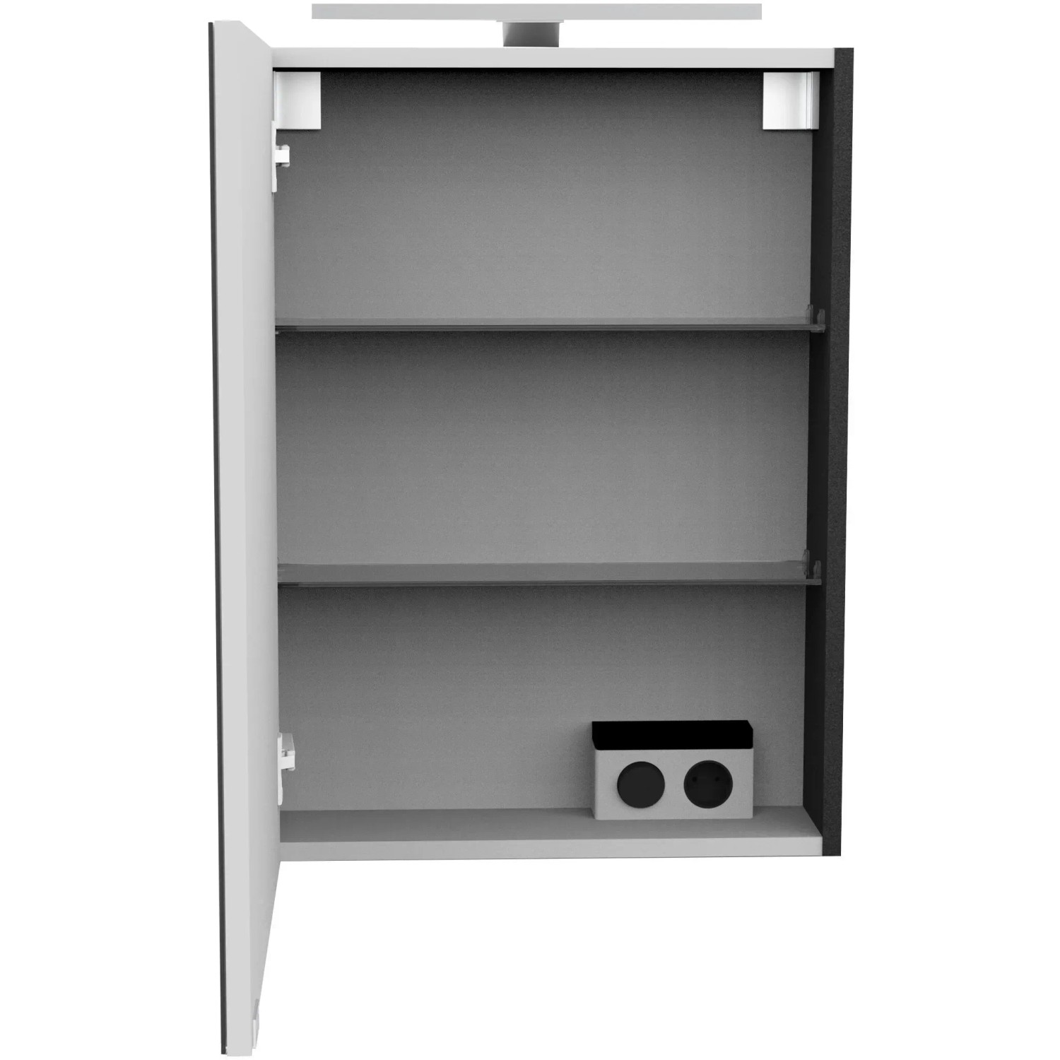 Offener Fackelmann Spiegelschrank SBC Anthrazit 50 cm mit zwei Einlegeböden.