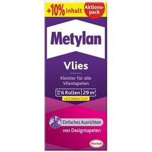 Packung Metylan Vlies-Tapetenkleister, geeignet für bis zu 6 Rollen Vliestapete.