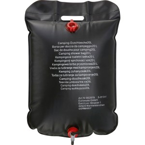 Schwarze Camping-Duschtasche aus PVC, 20 Liter, mit rotem Ventil zum Aufhängen für Camping & Outdoor.