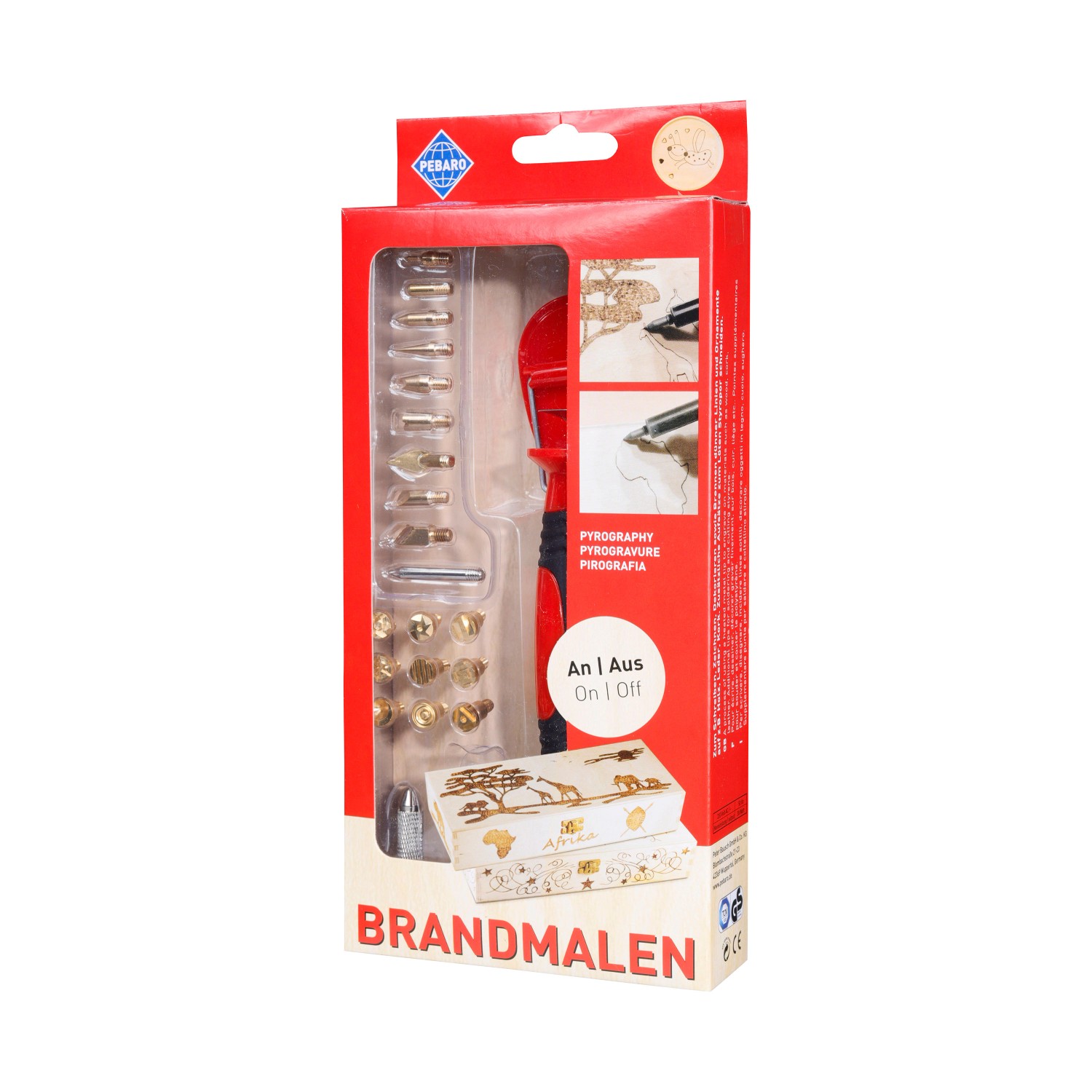 Pebaro Brandmal-Set, 23-teilig mit Kolben, 20 Aufsätzen und An/Aus Schalter.