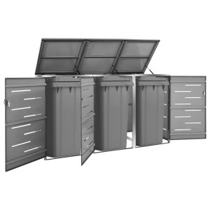 vidaXL Mülltonnenbox für 3 Tonnen aus Edelstahl, anthrazit, mit geöffneten Türen und Deckel.