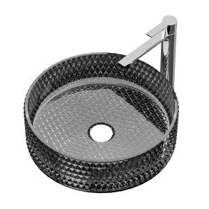 Rundes Emke Aufsatzwaschbecken aus schwarzem Glas mit Armatur, 36x36 cm.