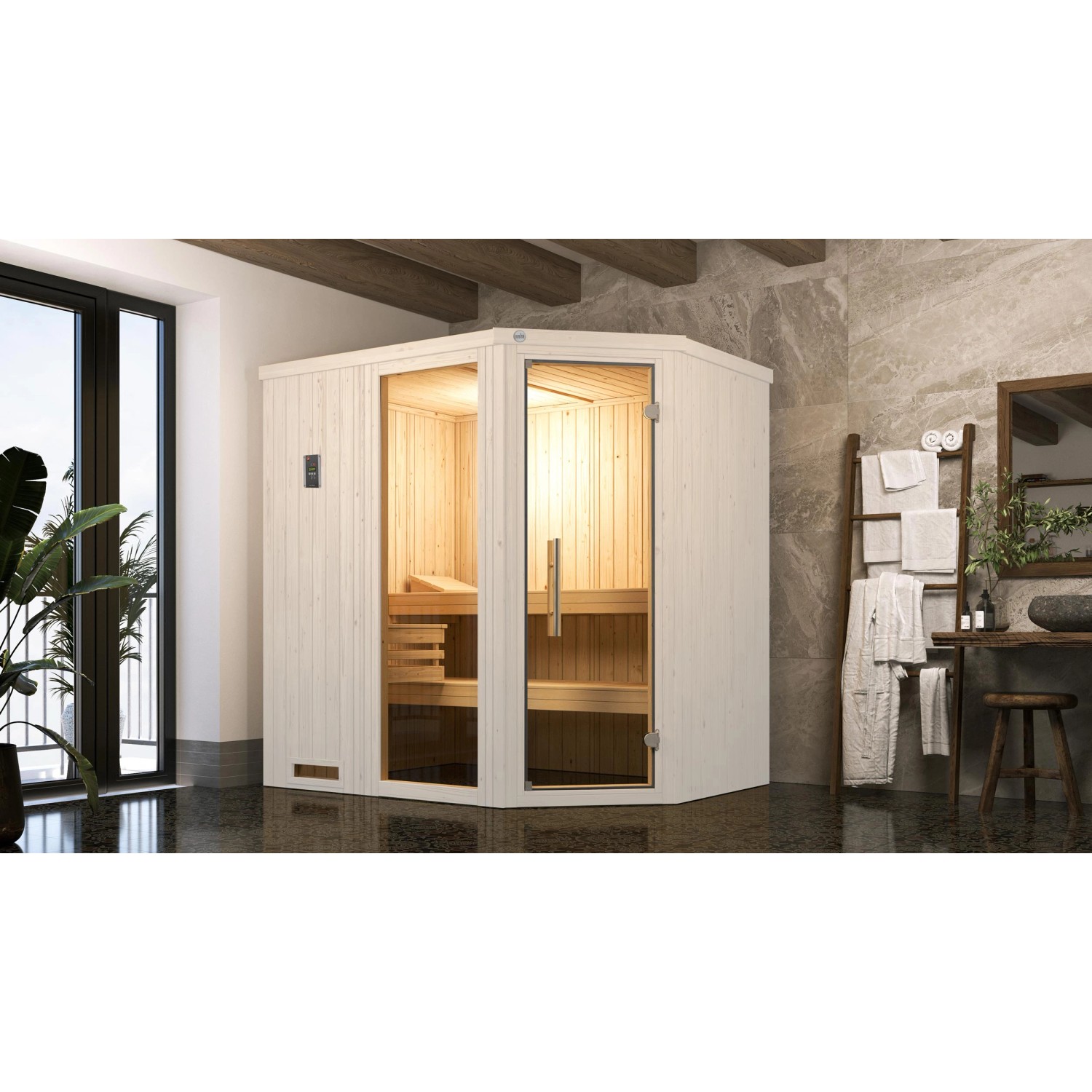 Weka Elementsauna Varberg Trend 1 Weiß Sparset 4,5 kW BioS Glastür/Fenster günstig online kaufen