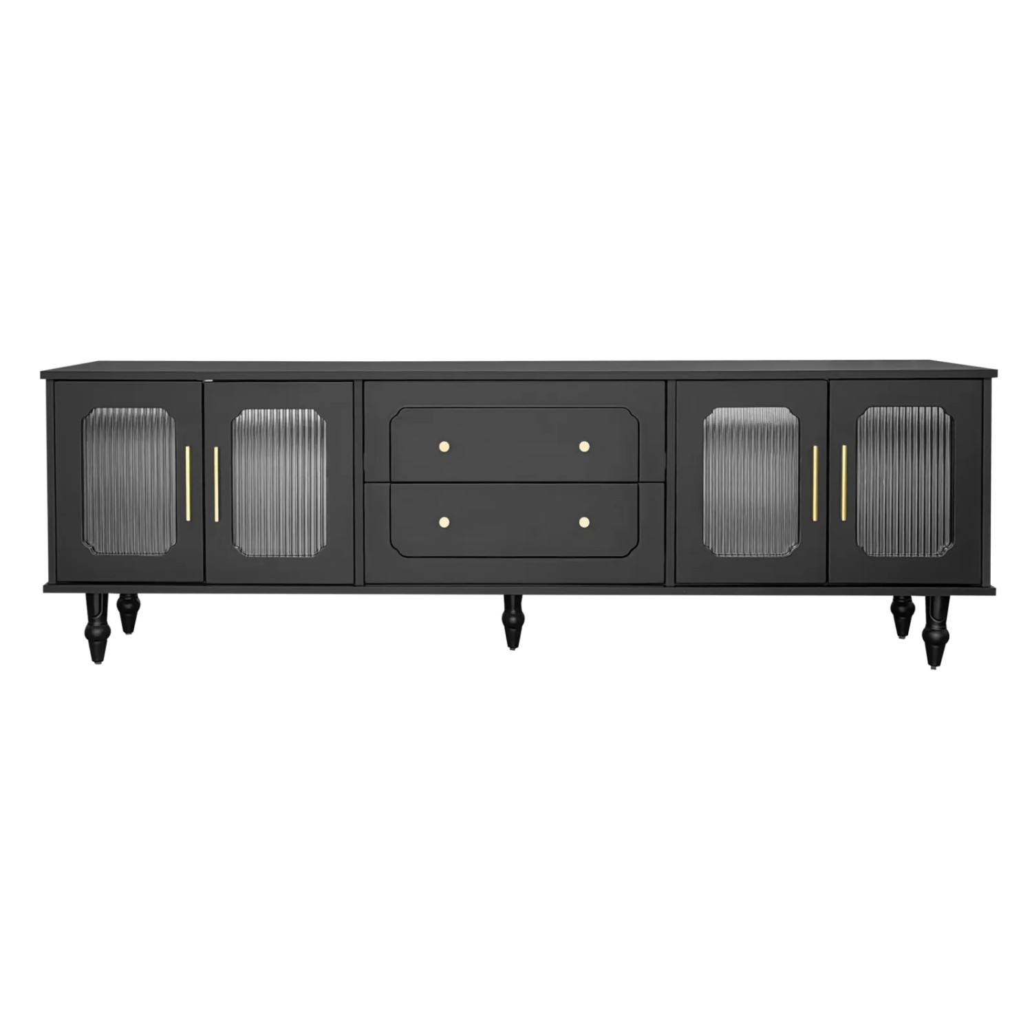 PXloue Lowboard TV-Schrank 175 cm  mit  Türen Goldgriffe Massivholz Beine Schwarz