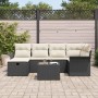 vidaXL Garten-Sofa-Set, 7-teilig, schwarz, Poly Rattan mit Kissen und Tisch.