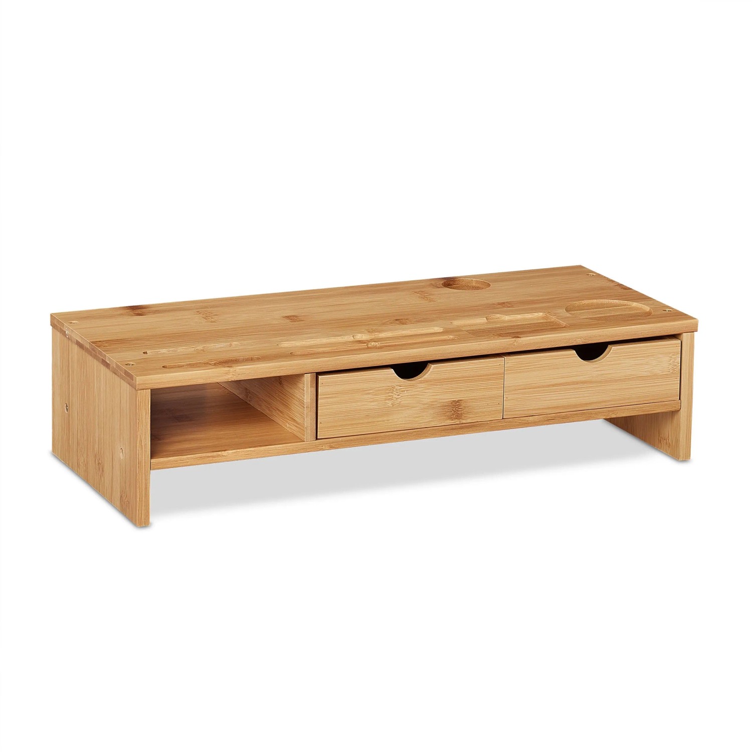 Relaxdays Monitorständer Bambus mit Handyhalter 2 Schubladen 13 cm x 54 cm x 23 cm