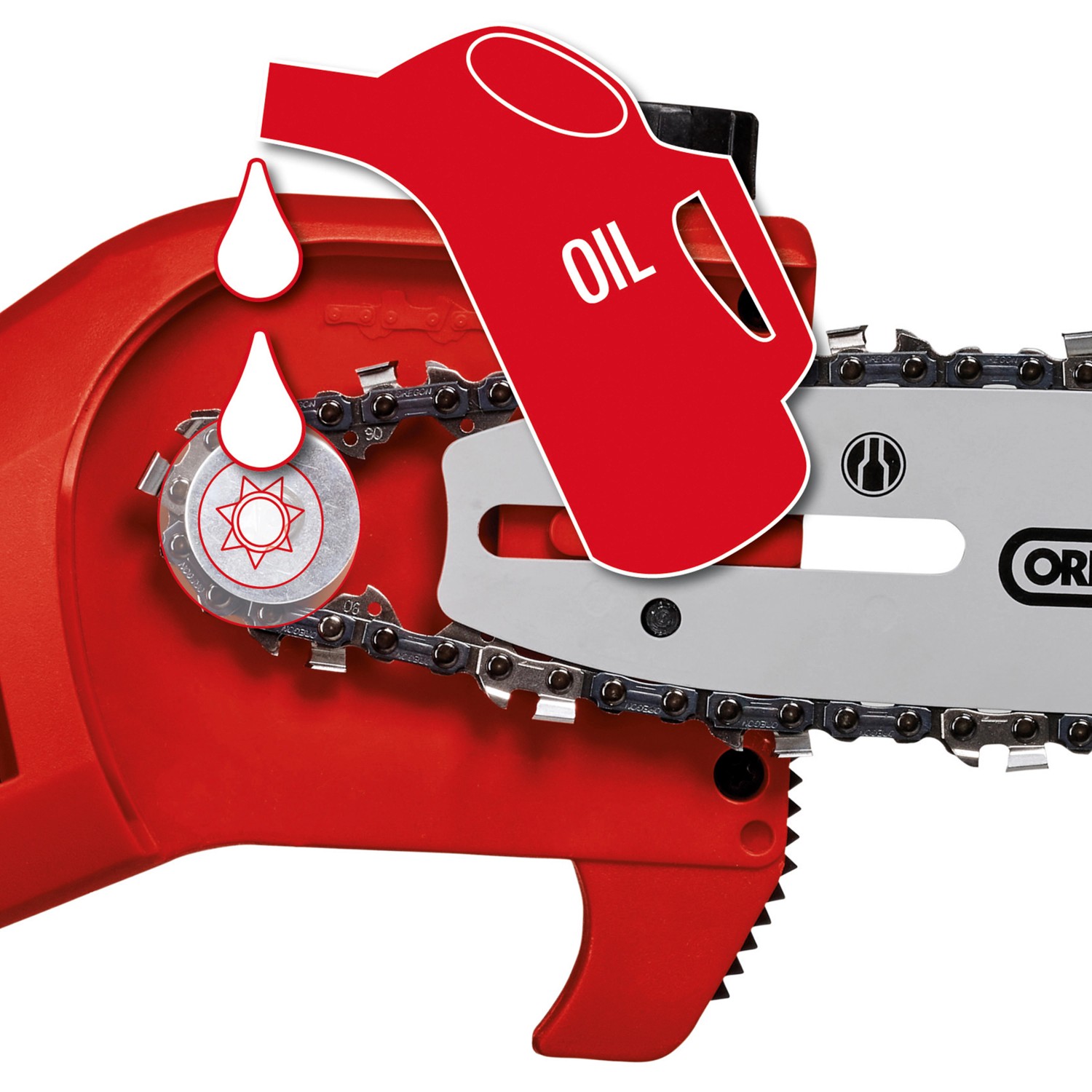 Detailaufnahme: Automatische Kettenschmierung des Einhell Akku-Hochentasters GC-LC 18/20 Li T-Solo.