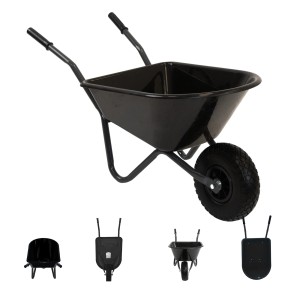 Schwarze TRUTZHOLM Kinderschubkarre mit Kunststoffwanne und Vollgummirad für Spiel und Spaß im Garten.
