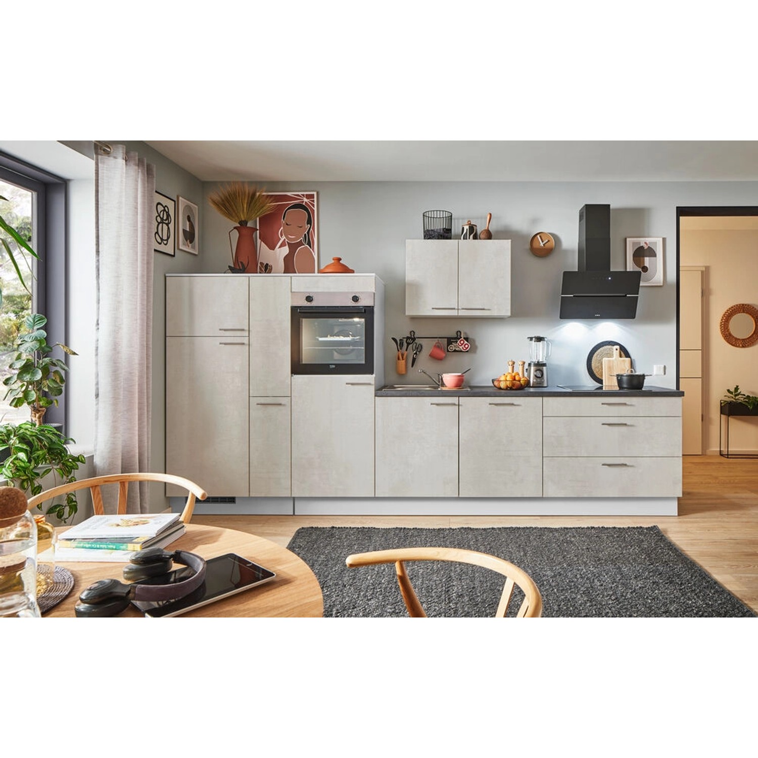 pino Küchenzeile 350cm Beton Weißgrau Anschlag L 1 Geräte-, 1 Apothekerschr günstig online kaufen