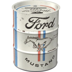 Nostalgic-Art Spardose im Ölfass-Design mit Ford Mustang Horse&Stripes Logo.