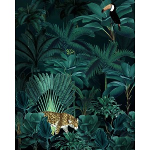 Komar Vliesfototapete Jungle Night mit Dschungelmotiv, Jaguar und Tukan.