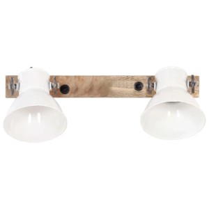 Weiße Wandlampe im Industriestil mit Holzsockel und zwei Lampenschirmen.