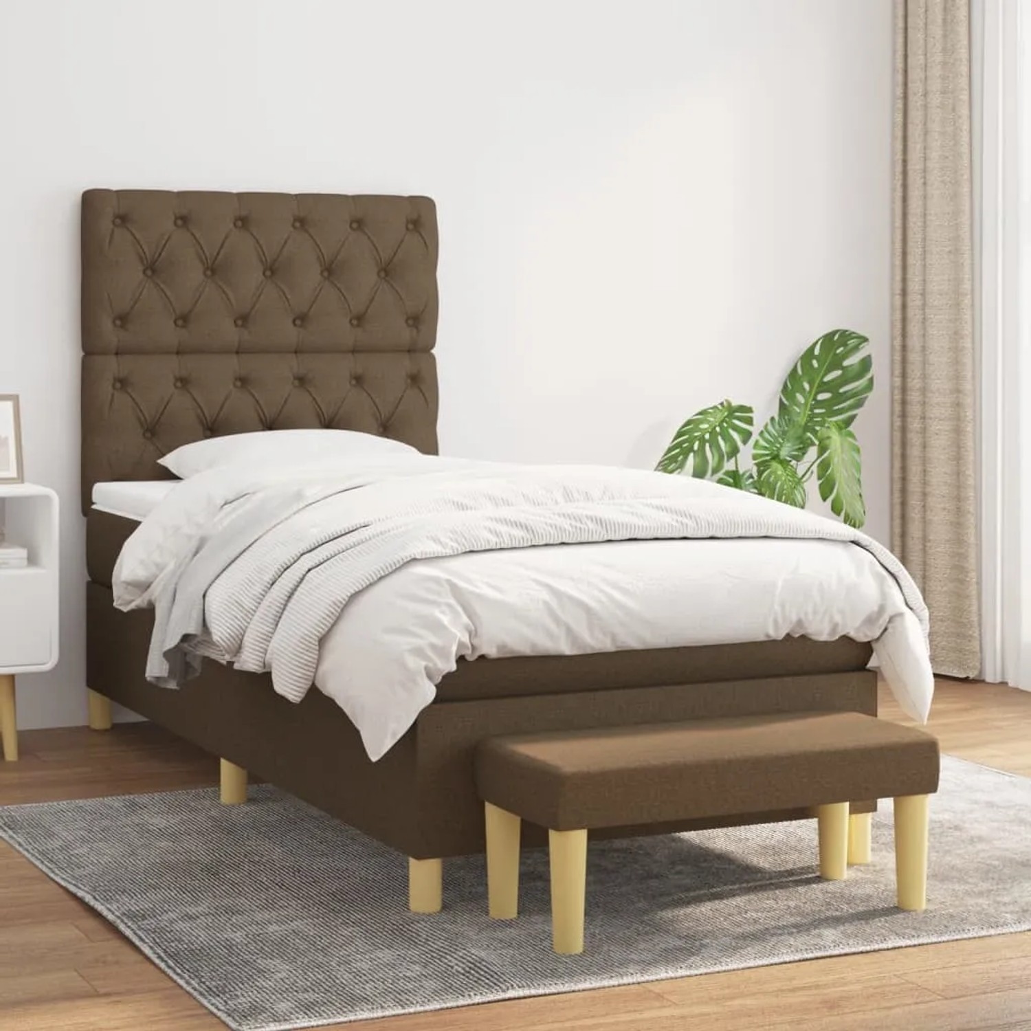 Dunkelbraunes Boxspringbett (80x200 cm) mit Matratze, Kopfteil und Bank. Stoffbezug.