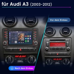 Junsun 7 Zoll Autoradio für Audi A3 (2003-2012) mit CarPlay/Android Auto. Vorher/Nachher-Vergleich im Armaturenbrett.