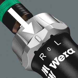 Detailaufnahme des Umschalters am Wera Ratschen-Schraubendreher Kraftform Kompakt Pistol.