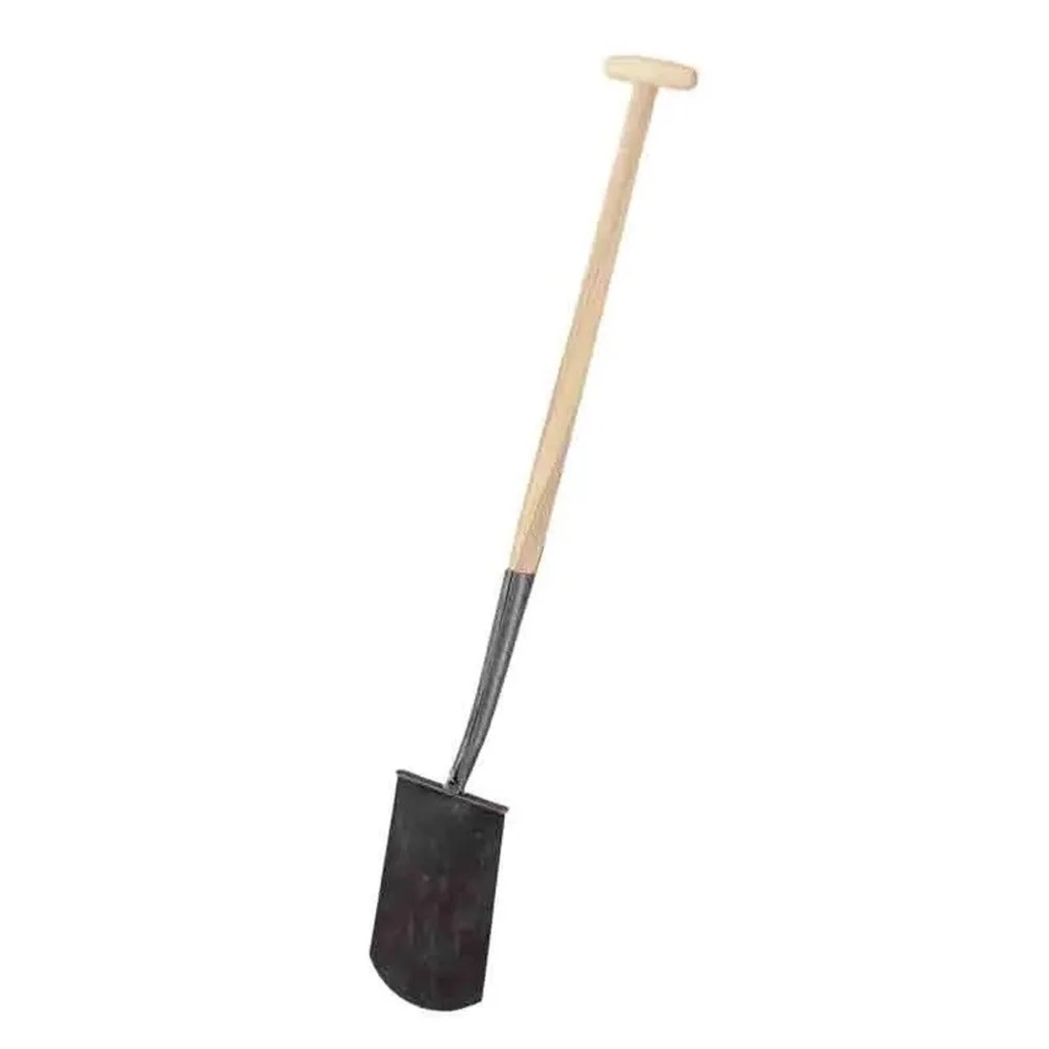Gärtnerspaten aus Borstahl mit schwarzem, abgerundetem Kopf und hellem Eschenholz-T-Griff für Gartenarbeiten.