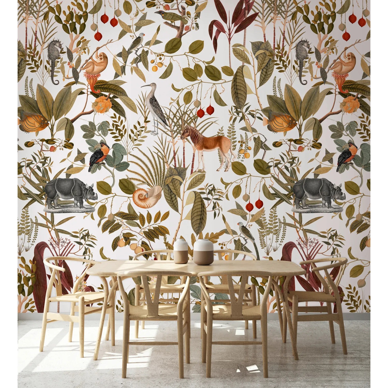 Marburg Fototapete Floral Modern Weiß mit Dschungelmotiven im Wohnraum.