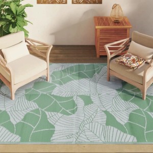 vidaXL Outdoorteppich 160x230 cm mit Blattmuster in Grün und Weiß auf Terrasse.