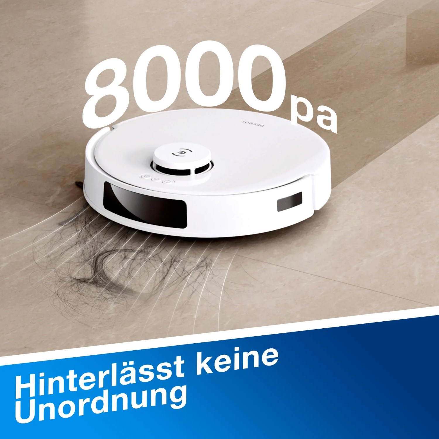 Ecovacs N20 PRO PLUS Saugroboter in Weiß bei der Reinigung von Haaren auf Fliesen.