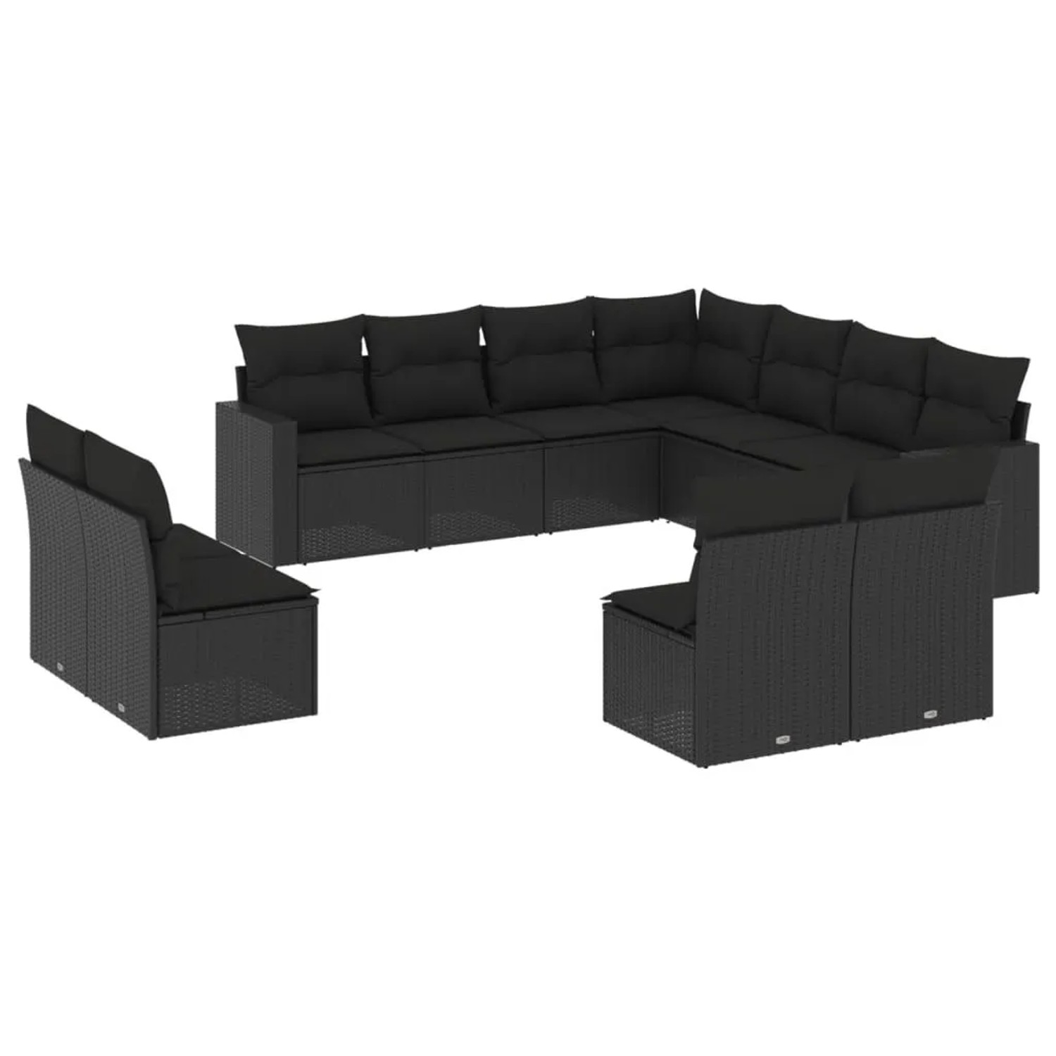 vidaXL 11-Tlg Garten-Sofagarnitur mit Kissen Schwarz Poly Rattan 3251462