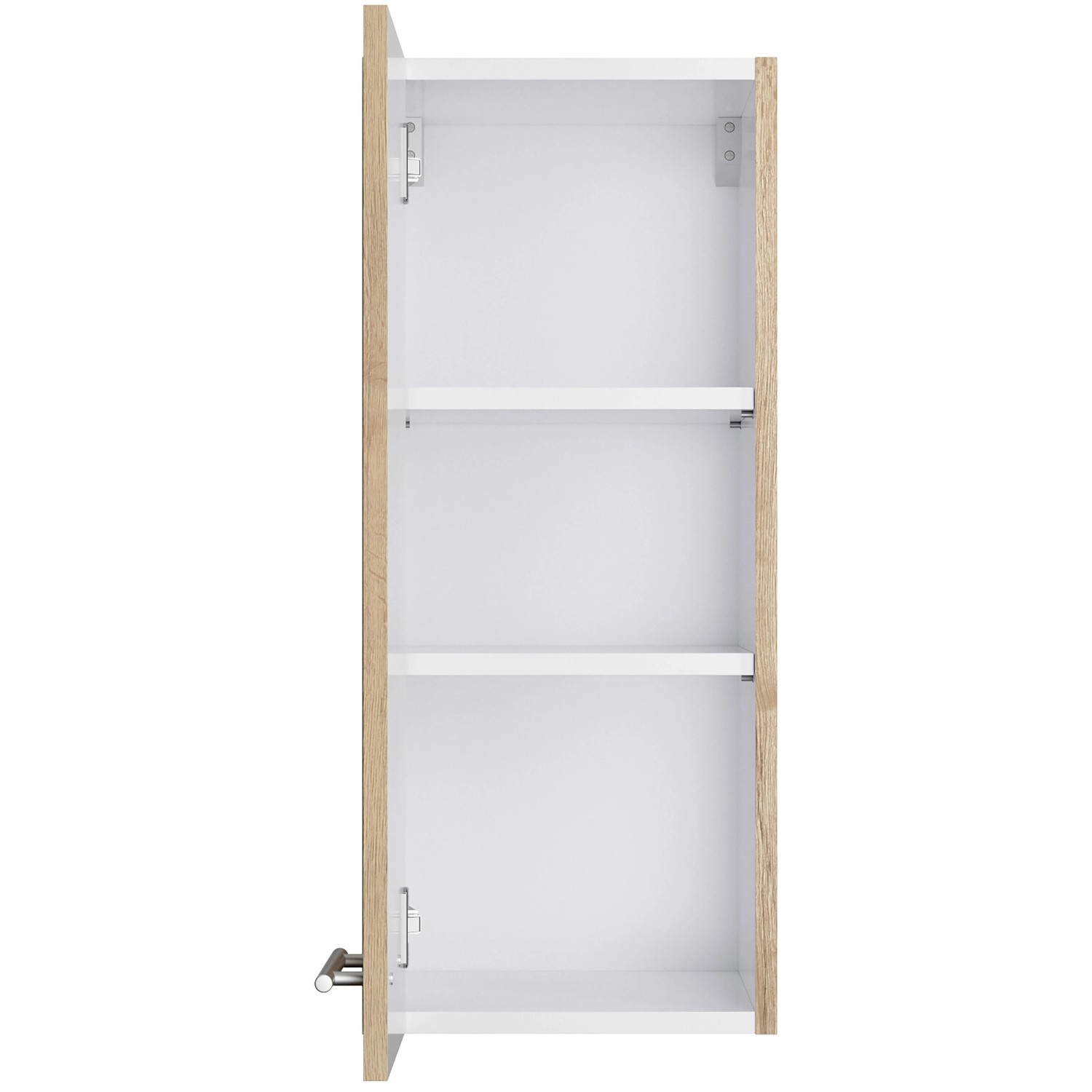 Optifit Oberschrank Erik290 in Wildeiche, 30 cm breit, mit zwei Einlegeböden. Küchen-Hängeschrank offen.