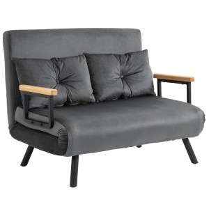 Graues HOMCOM Schlafsofa mit Bettfunktion, inklusive Rückenkissen und Holzarmlehnen.