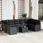 Schwarzes 10-teiliges vidaXL Garten-Sofa-Set aus Poly Rattan mit Kissen und Tisch.