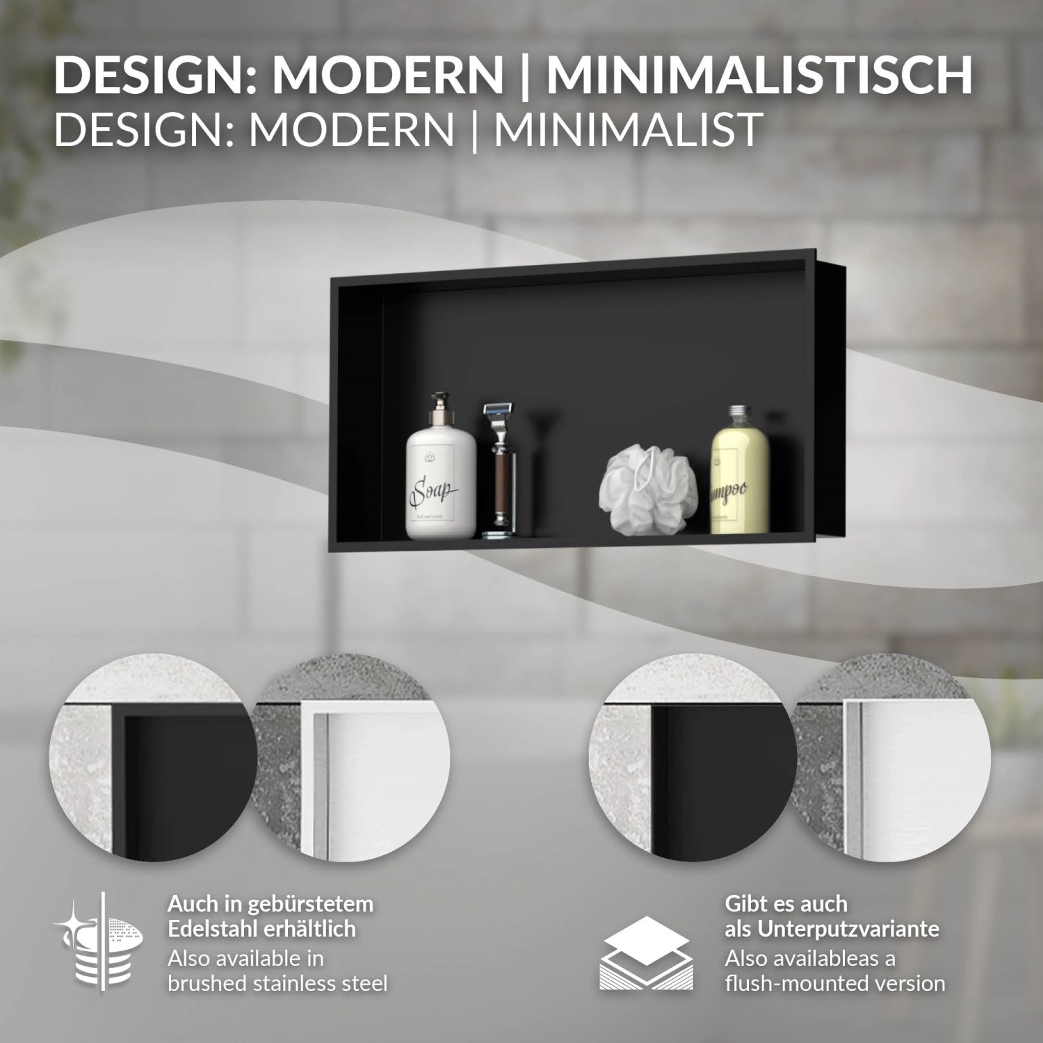 Schwarze LuxeBath Wandnische aus Edelstahl, 60x30x10 cm, mit Rahmen als Duschzubehör.