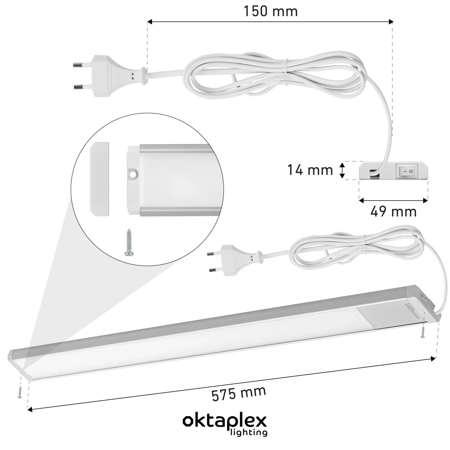 Flache Oktaplex LED Unterbauleuchte (58cm) für Küche, Aluminium, warmweißes Licht mit Schalter.