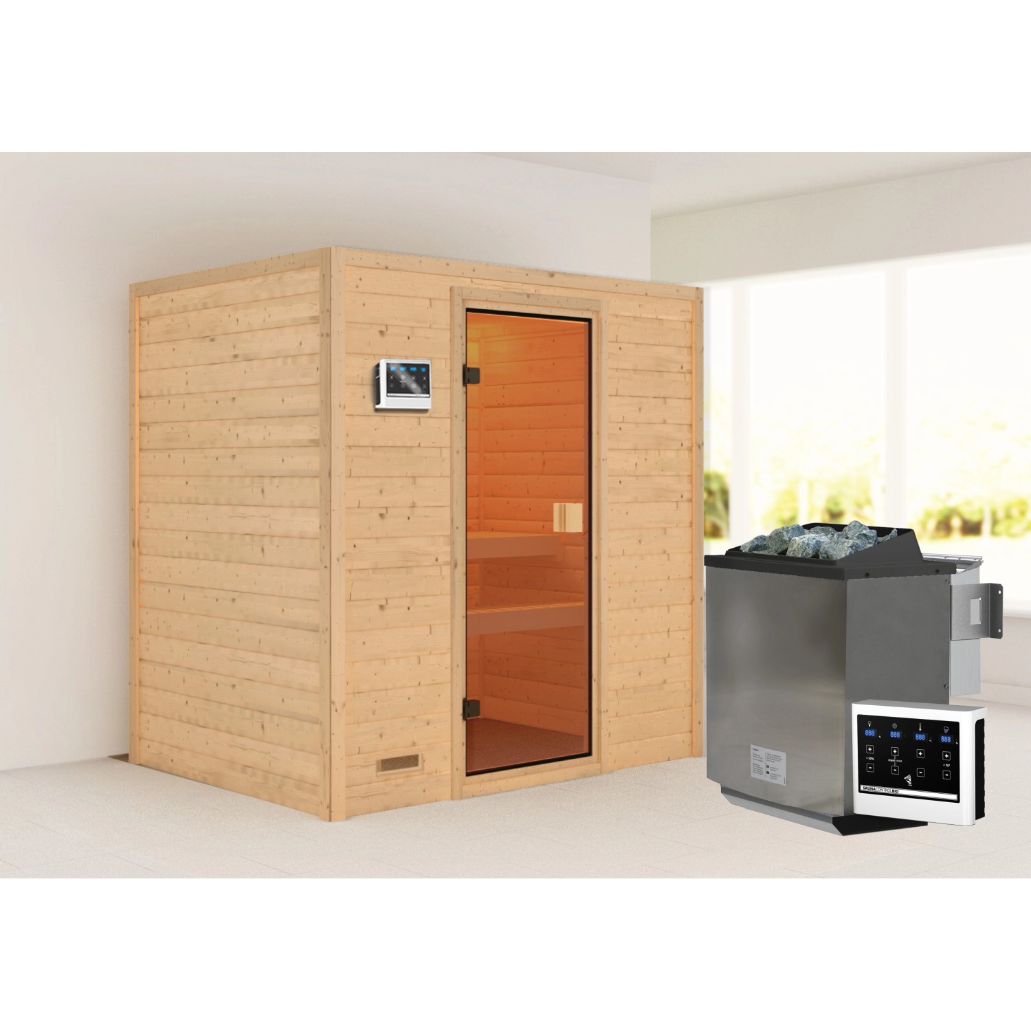 Woodfeeling Sauna Selena inkl. 9 kW Bio-Ofen mit ext. Strg. Glastür Bronziert