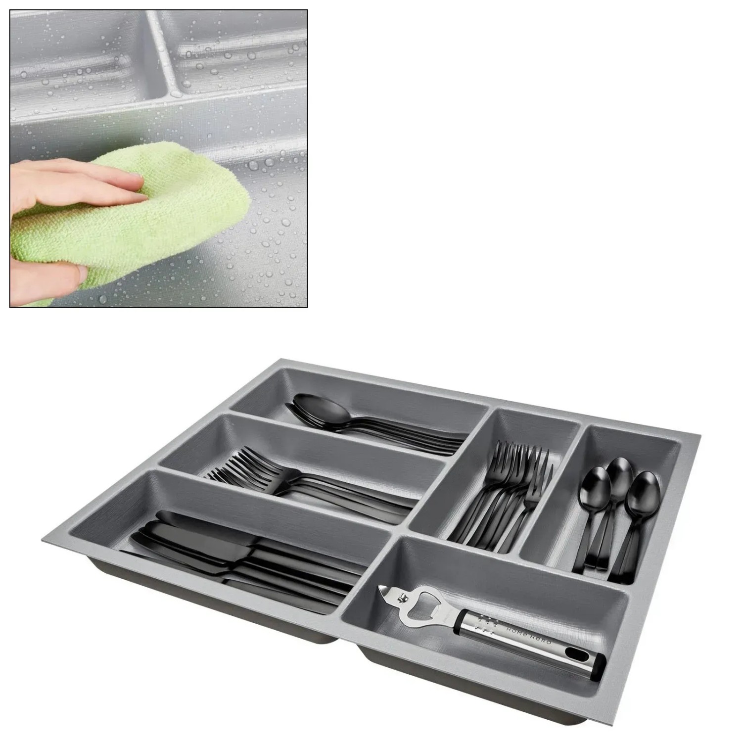 SOTECH ORGA-BOX-3 Besteckeinsatz silbergrau mit Canvas Struktur, Fächern für Besteck. Leicht zu reinigendes Küchen-Ordnungssystem.