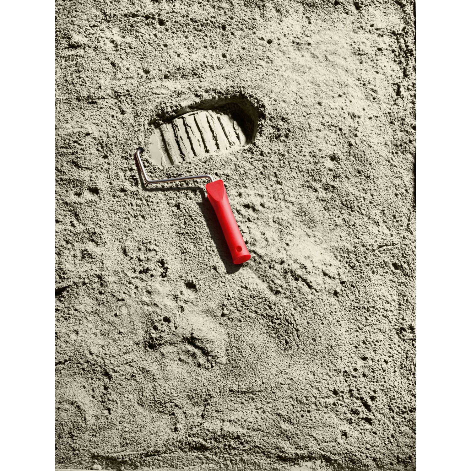 Schöner Wohnen Trendfarbe Moon, matte Wandfarbe mit Farbroller und Fußabdruck.