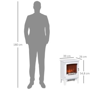 Weißer HOMCOM LED Elektrokamin mit realistischen Flammen, 39x26x54,8 cm, neben Person zur Größenansicht.