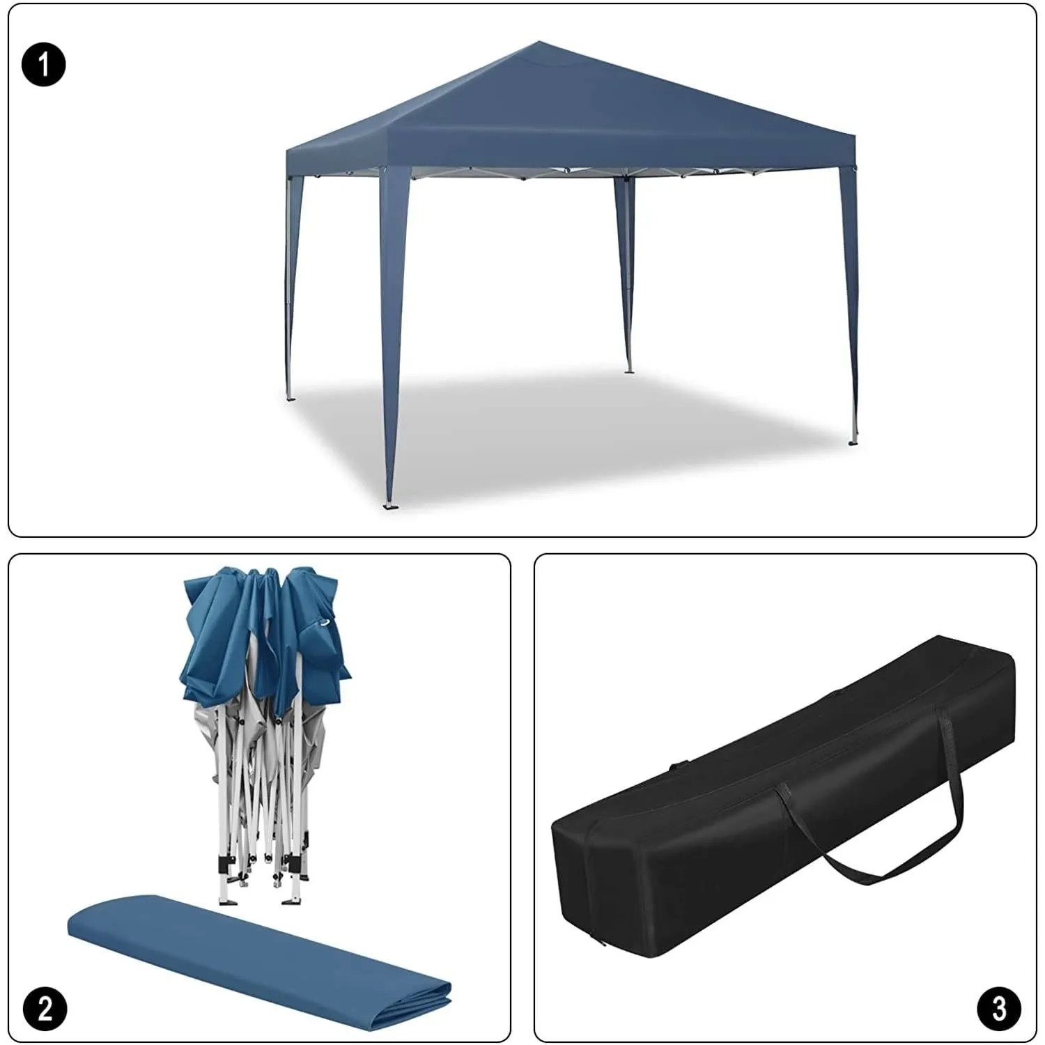 Blauer WOLTU Pop-Up Pavillon 3x3m: aufgebaut, zusammengeklappt und in Tragetasche.