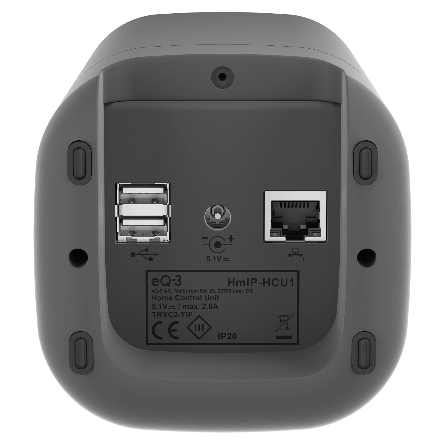 Rückseite der anthrazitfarbenen HmIP Home Control Unit mit Anschlüssen für Hausautomation.