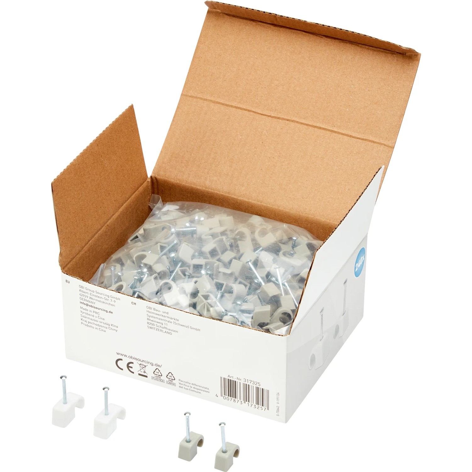 Nagelschellen-Set, 240-teilig, zur Kabelbefestigung auf Mauerwerk und Holz. Praktische Sortierbox.