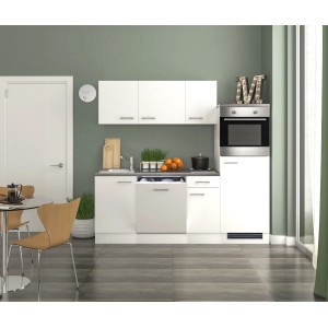 Flex-Well Exclusiv Küchenzeile Joelina 210 cm in Weiß matt mit E-Geräten und Spüle.