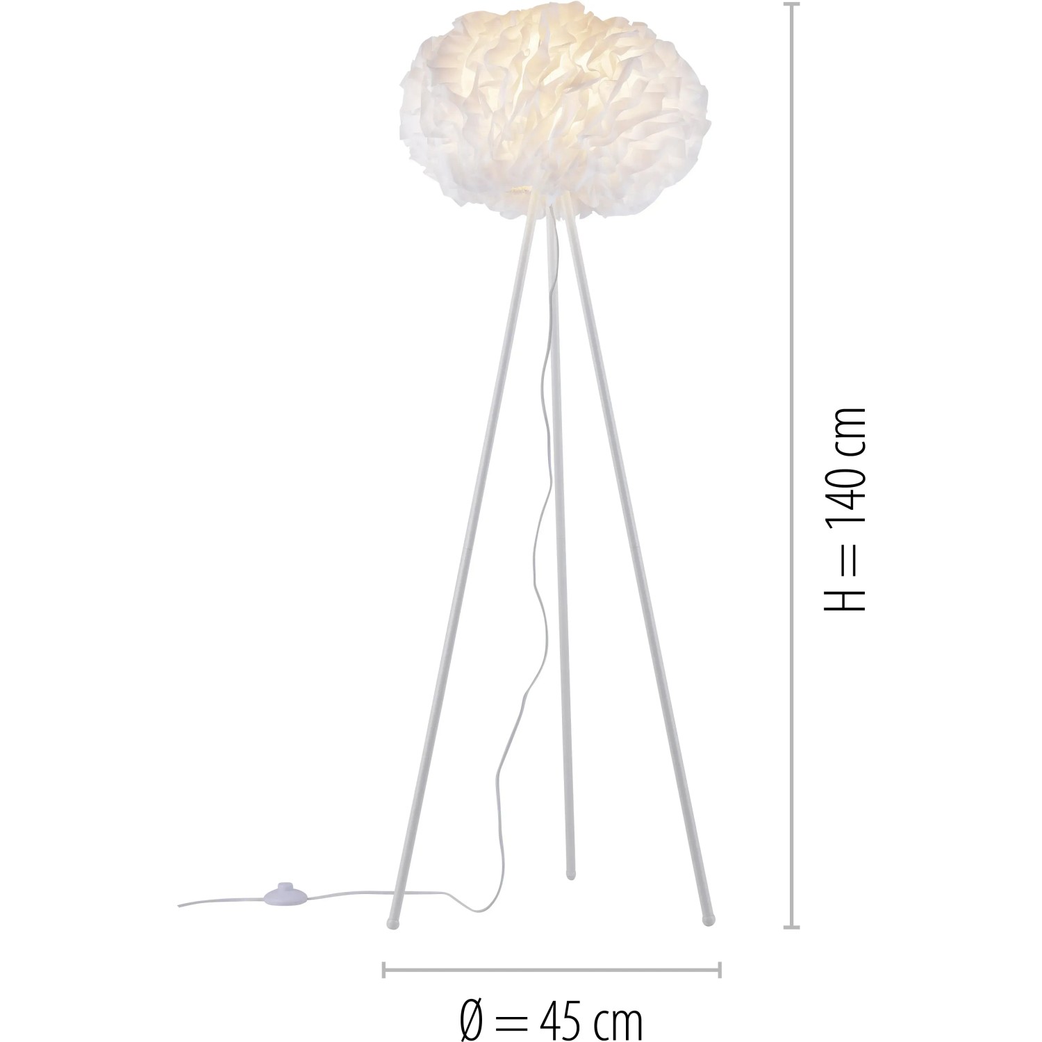 Weiße LED-Stehlampe LOLAsmart-Naomi von Just Light, 140 cm hoch, mit Stoffschirm und Stativfuß.