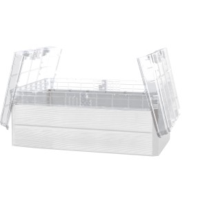 Garantia Frühbeet-Aufsatz Ergo Quadro M für Hochbeet-Systeme, transparente Abdeckung mit geöffnetem Deckel.