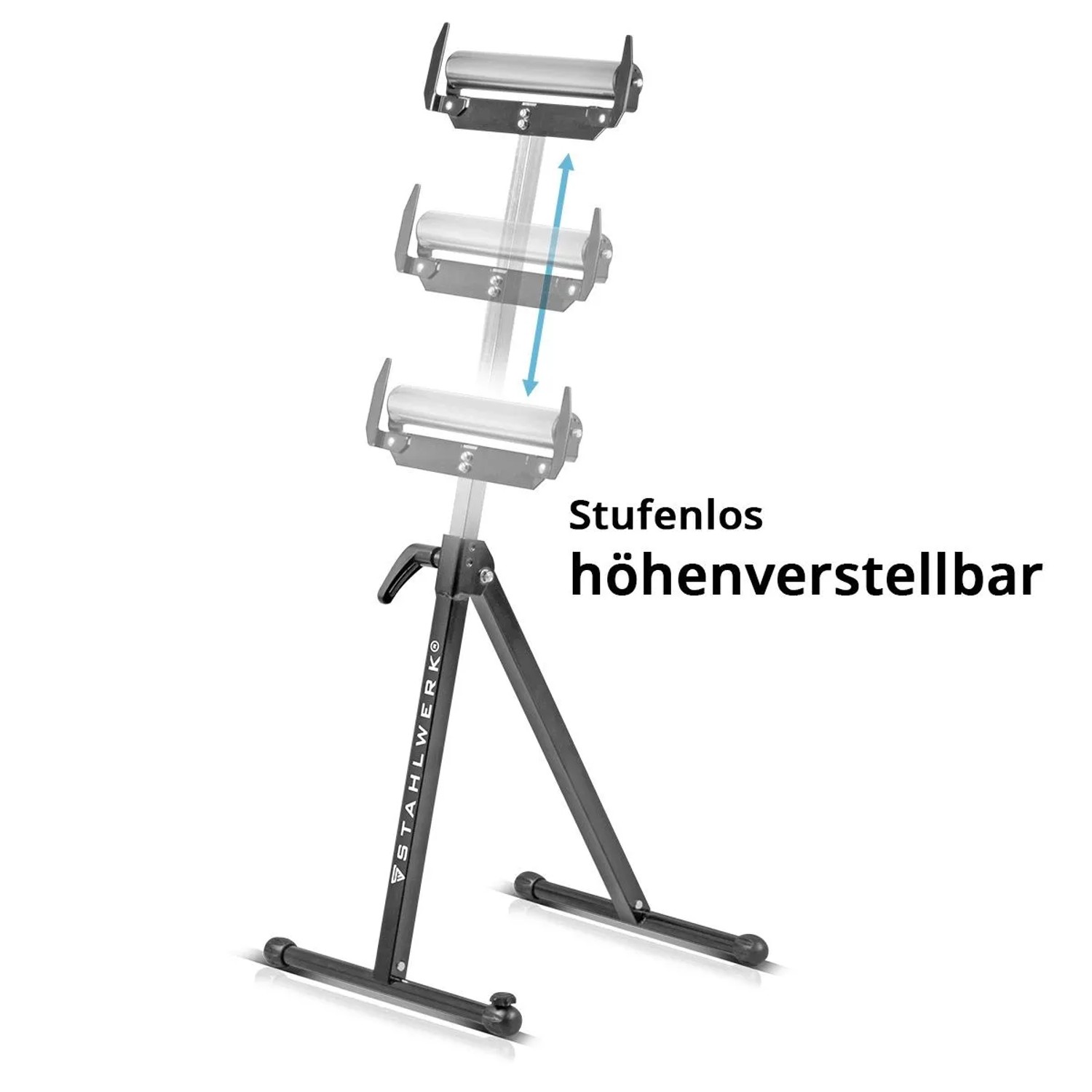 STAHLWERK Rollenbock, schwarz, mit silberner Rolle, stufenlos höhenverstellbar. Arbeitsbock für Werkstatt.