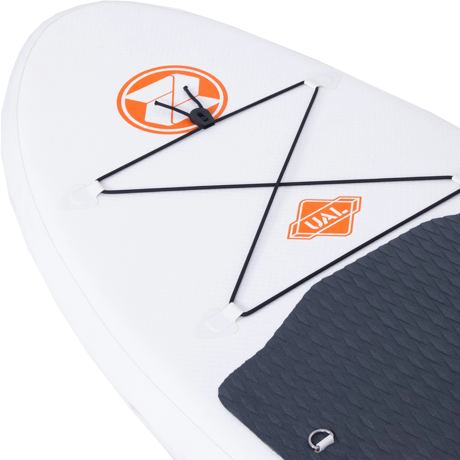 Detailansicht: Weißes ZRAY Stand Up Paddle Board mit Gepäcknetz und rutschfestem Deck.