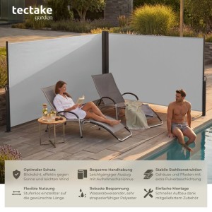 Graue Tectake Doppel-Seitenmarkise 160x600cm schützt Terrasse/Poolbereich vor Blicken, Sonne und Wind.