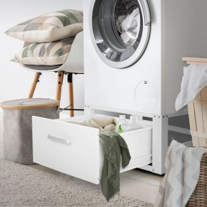 Weißes ML-Design Waschmaschinen Untergestell mit Schublade aus Stahl, passend für Waschmaschinen bis 150kg.