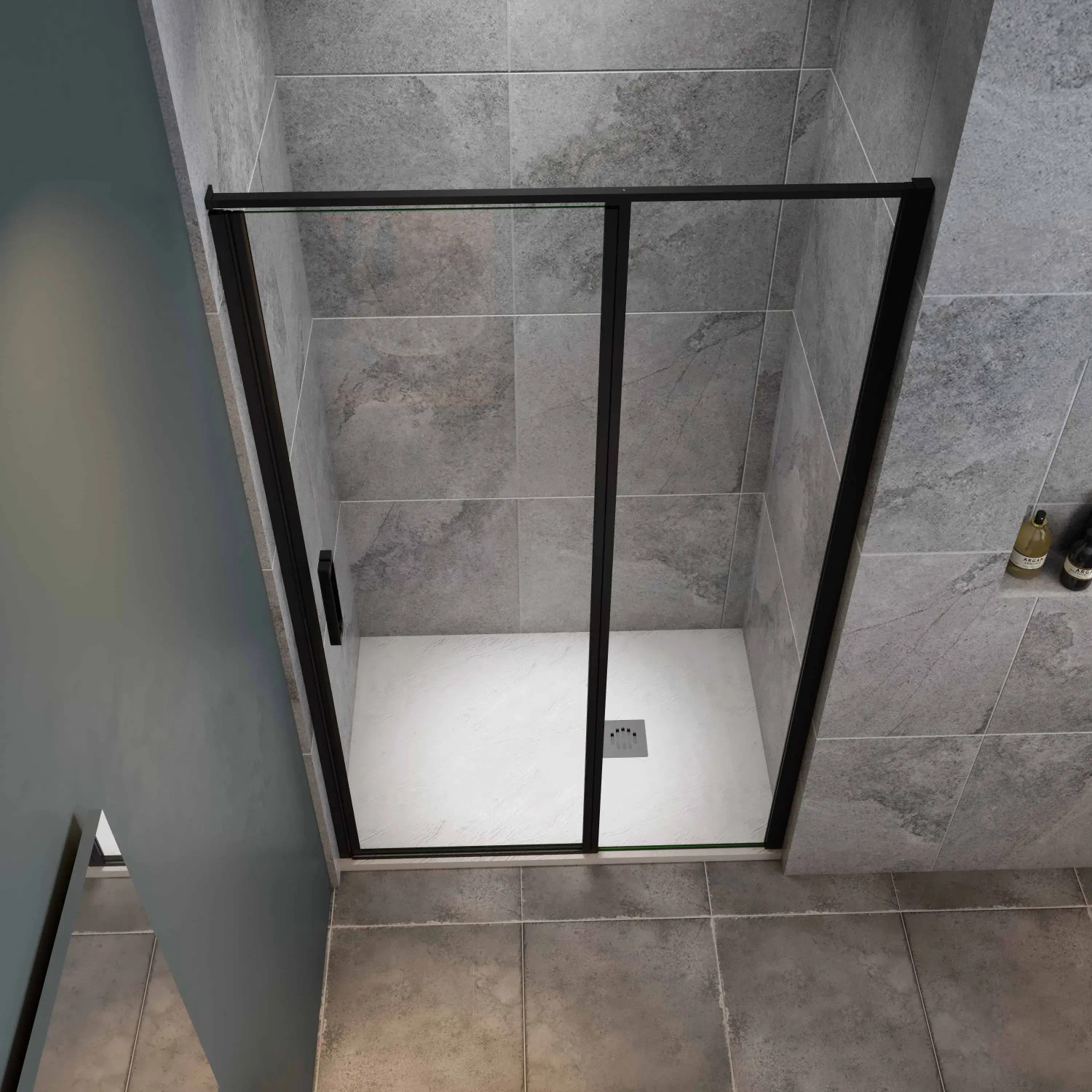 AICA Duschkabine 140x185cm, Drehtür, Nischentür, 6mm Nanoglas, schwarzer Rahmen.