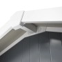 Detailaufnahme: Dunkelgraues Grosfillex Kunststoff-Gartenhaus Deco H 11 mit weißem Dachüberstand.